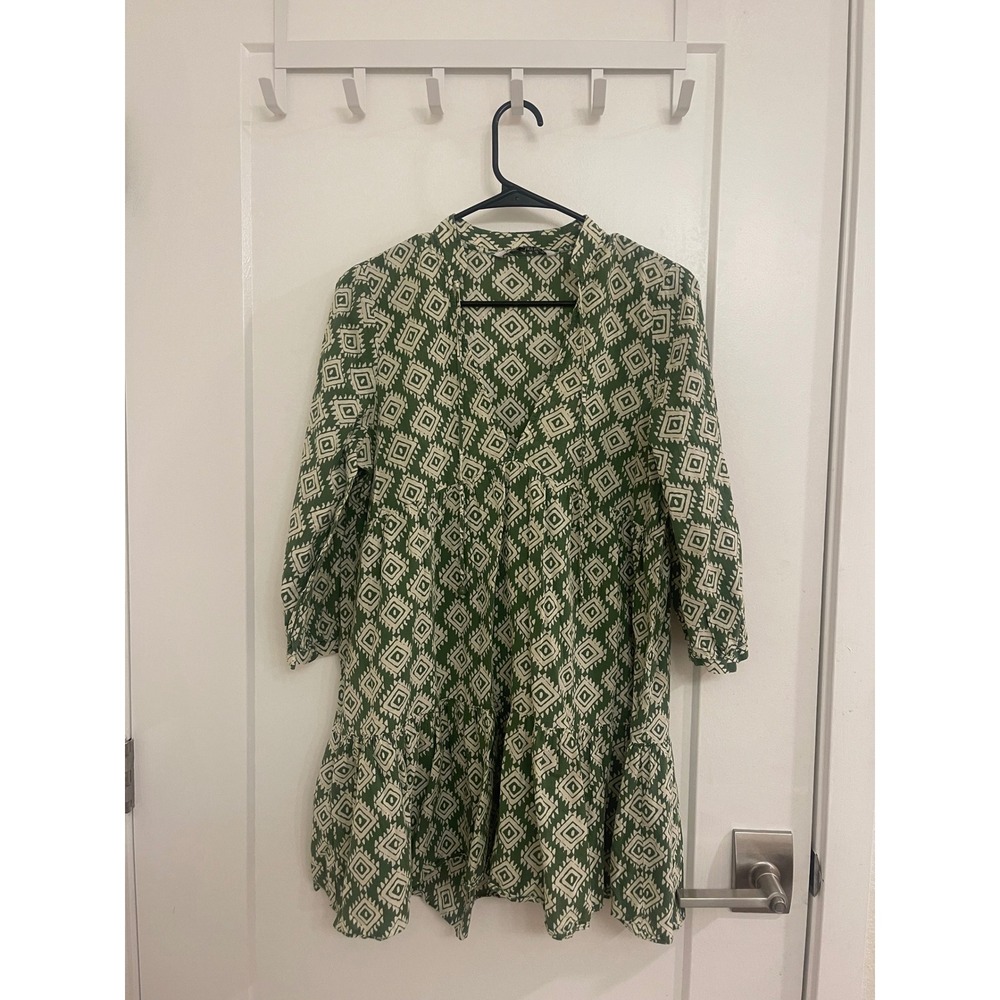 Cottagecore Zara Babydoll V Neck Geometric‎ Mini Dress Boho